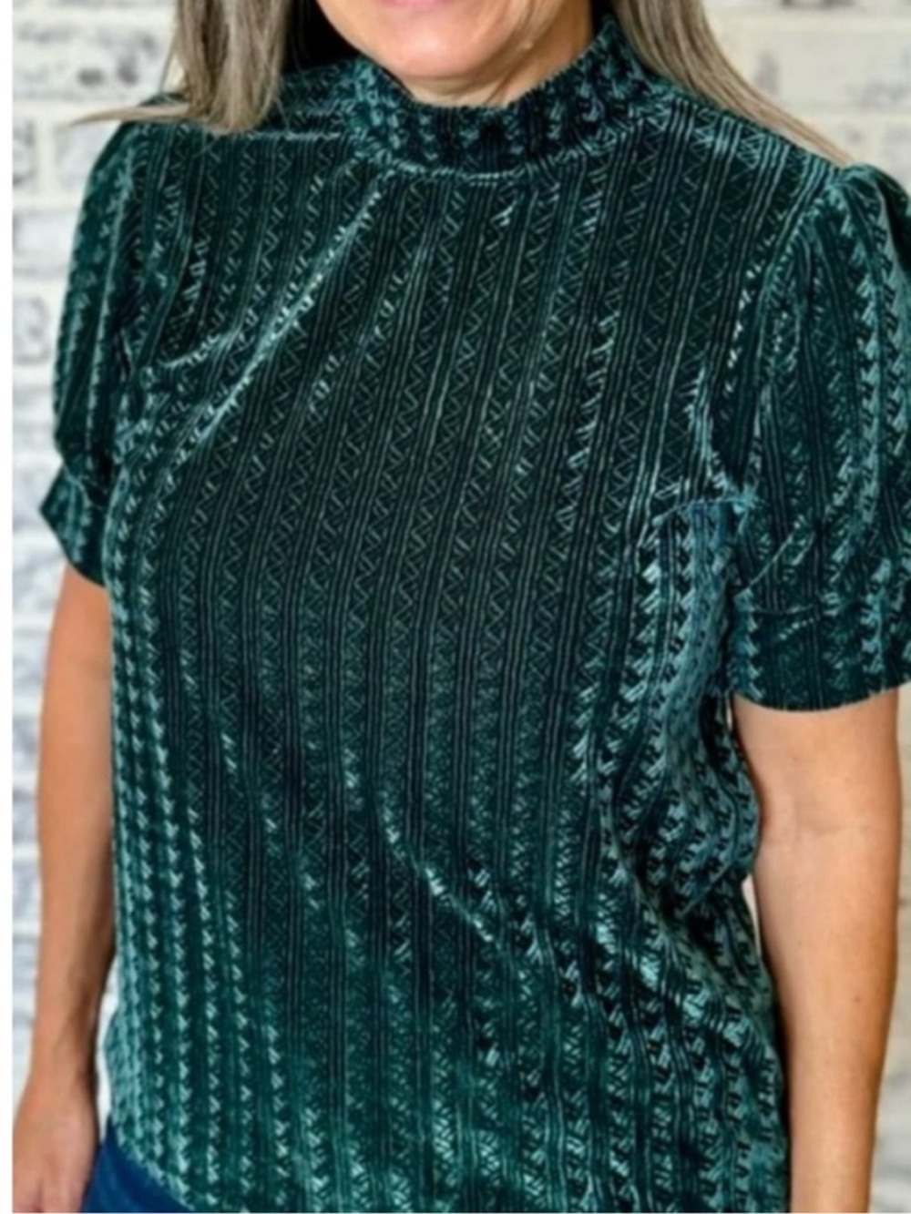 THML Dark Teal Green Velvet Textured Puff Sleeve Mock Neck Stretch Top XS